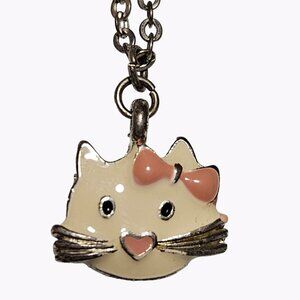 Enamel Cat Pendant Necklace Silver Tone Chain Bow Heart Nose Fun Fashion Jewelry